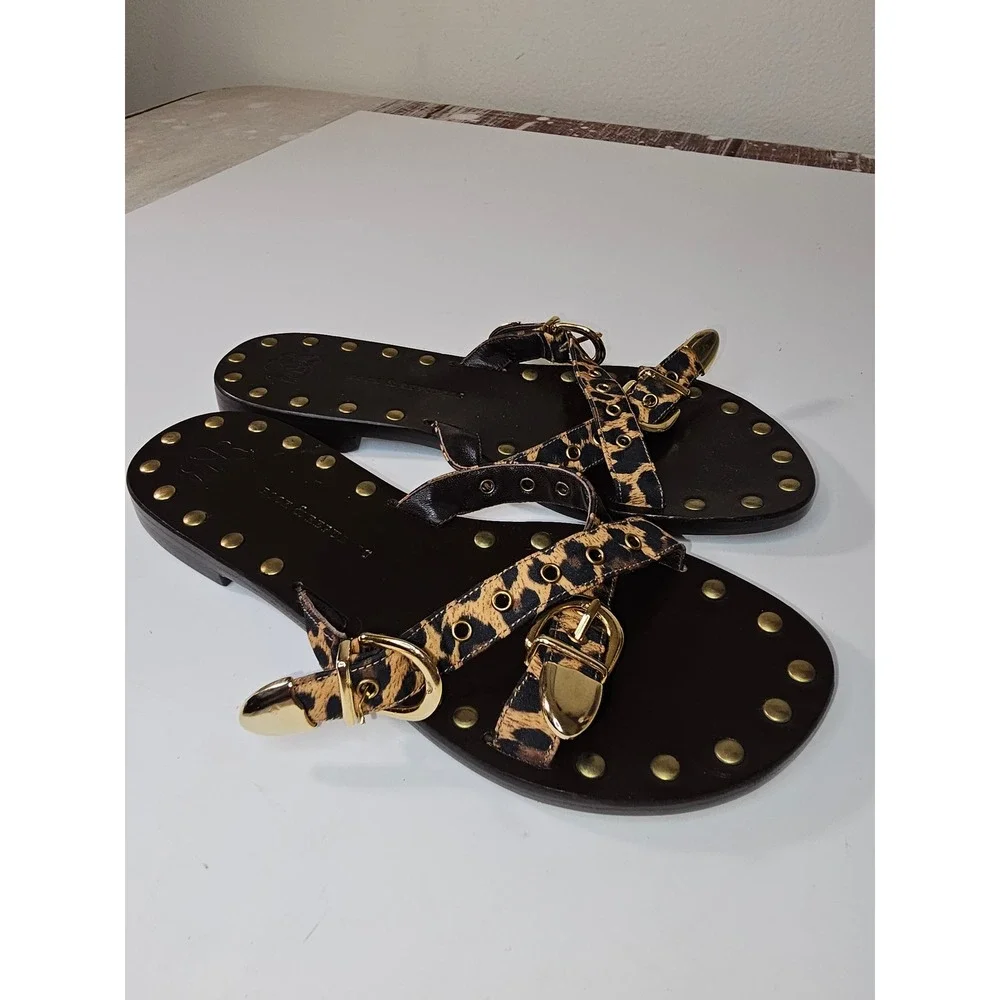 Rock & Republic Leopard Print Studded Leather Sandals Gold Buckle size 36.5